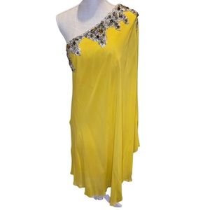 Mandalay Yellow One-Shoulder Sequined Capelet Mini Dress